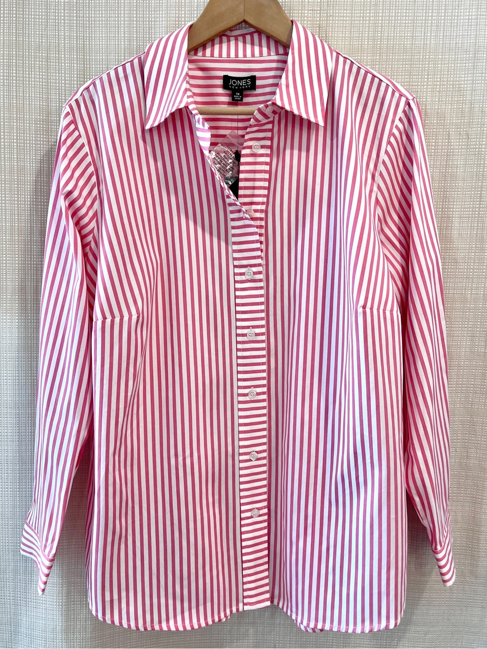 NWT Jones New York Cotton Pink White Striped Button Down Shirt Preppy Sporty